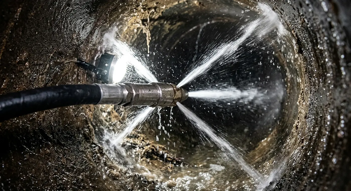 High-pressure hydro jetting nozzle cleaning sewer pipe for Trenchless Sewer Repair in Parma