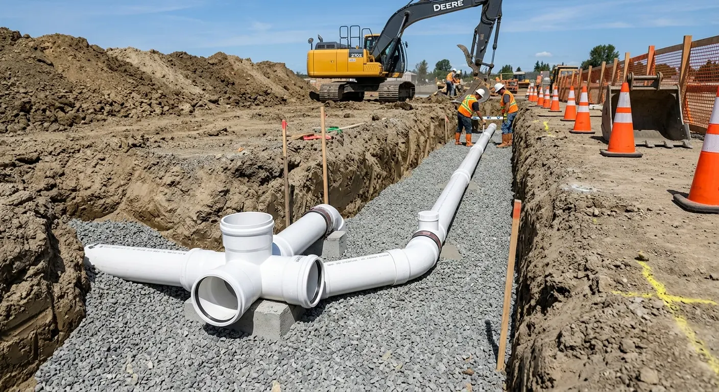 New PVC sewer pipe installation in open trench for Sewer Backup in Parma