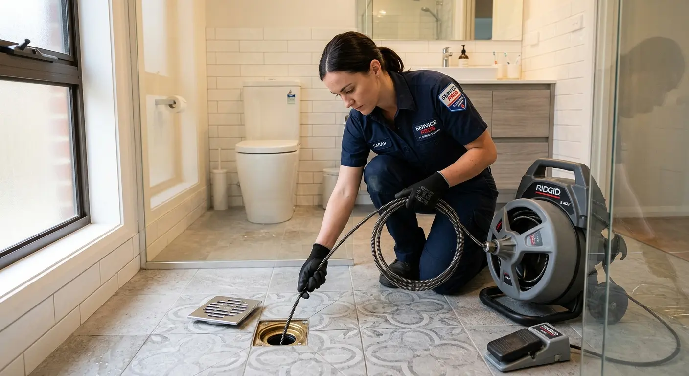 Technician clearing a bathroom floor drain for Drain Cleaning in Parma